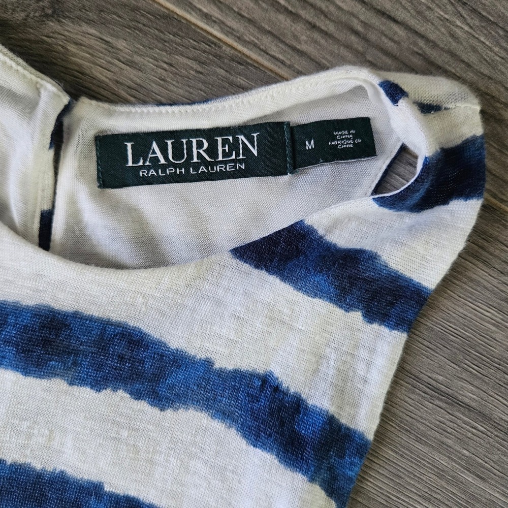 Lauren Ralph Lauren Navy White Striped Linen Maxi Dress Womens Medium Sundress - Picture 2 of 10